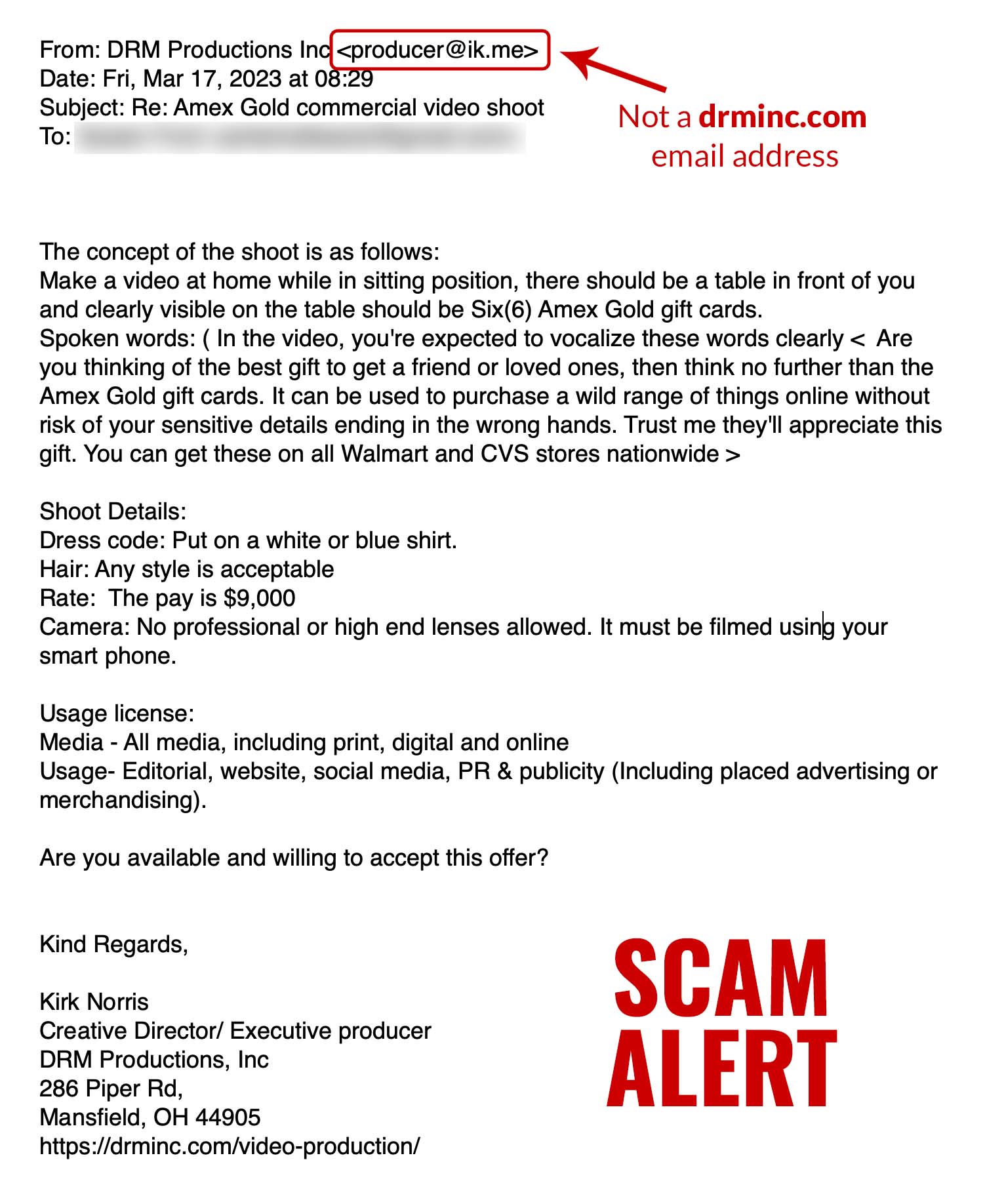 Screen shot of a scam email that claims to be from DRM Productions but is not